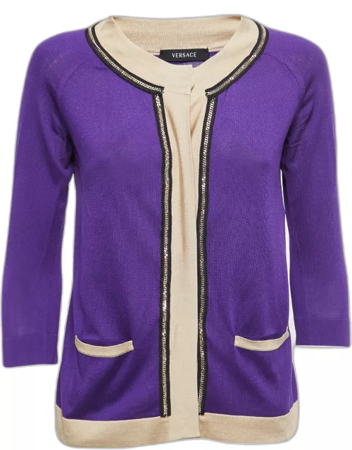 Versace Purple Silk Knit Contrast Trim Button Front Cardigan
