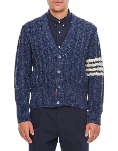 Thom Browne Twist Cable Classic V Neck Cardigan In Donegal 4 Bar Stripe Blue