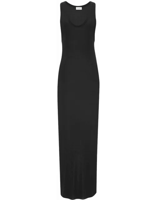 Black long sleeveless semi-sheer dres