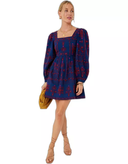 Navy Petunia Embroidery Long Sleeve Square Neck Dres