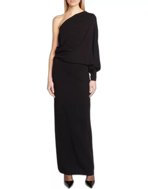 Draped One-Shoulder Long-Sleeve Cashmere Knit Maxi Dres