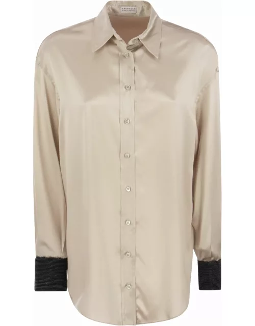 Brunello Cucinelli Stretch Silk Satin Shirt With Precious Contrast Cuff