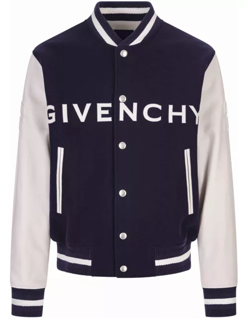 Navy Blue And White Givenchy Bomber Jacket In Wool And Leather