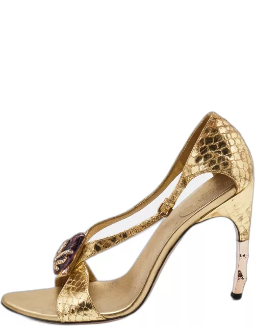 Gucci Gold Python Embossed Leather Jeweled Sandal