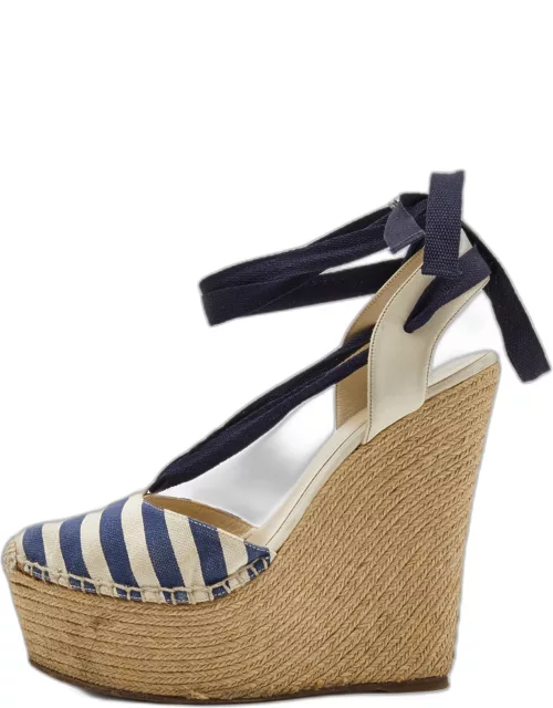 Gucci Navy Blue/White Striped Canvas and Leather Espadrille Wedge Ankle Tie Pump