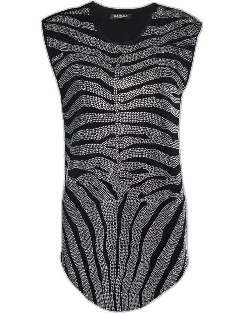 Balmain Black Rhinestone Zebra Pattern Embellished Jersey Sleeveless Top