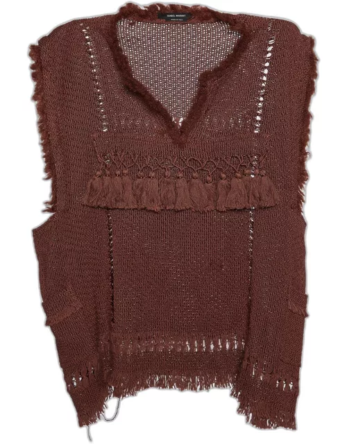 Isabel Marant Brown Perforated Knit Sleeveless Fringe Tassel Detail Top