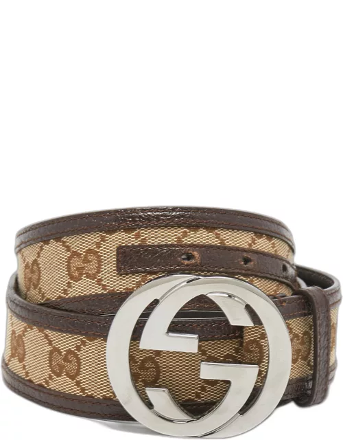Gucci Beige/Brown GG Canvas and Leather Interlocking G Buckle Belt 95C