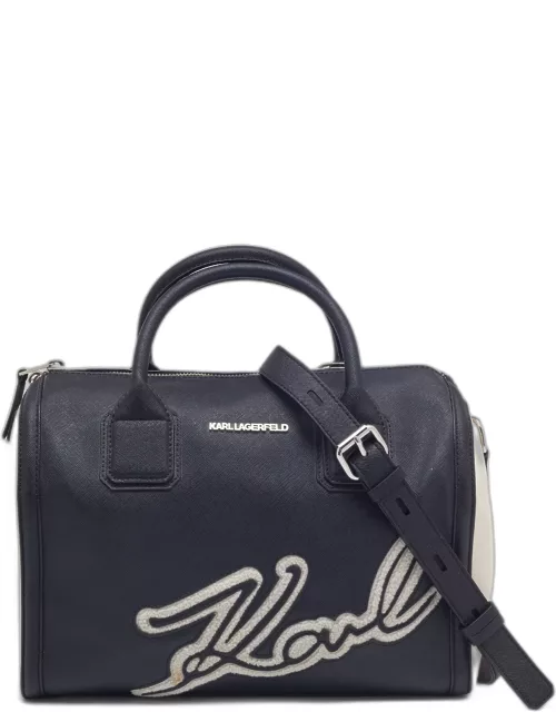 Karl Lagerfeld Black/White Saffiano Leather Logo Boston Bag