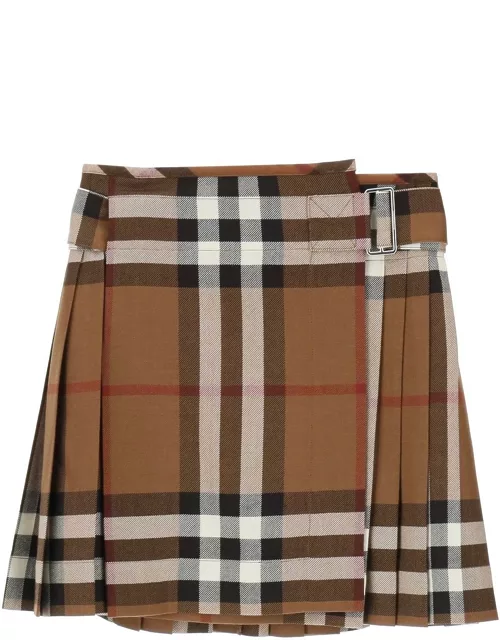 BURBERRY EXAGGERATED CHECK PLEATED WOOL MINI SKIRT