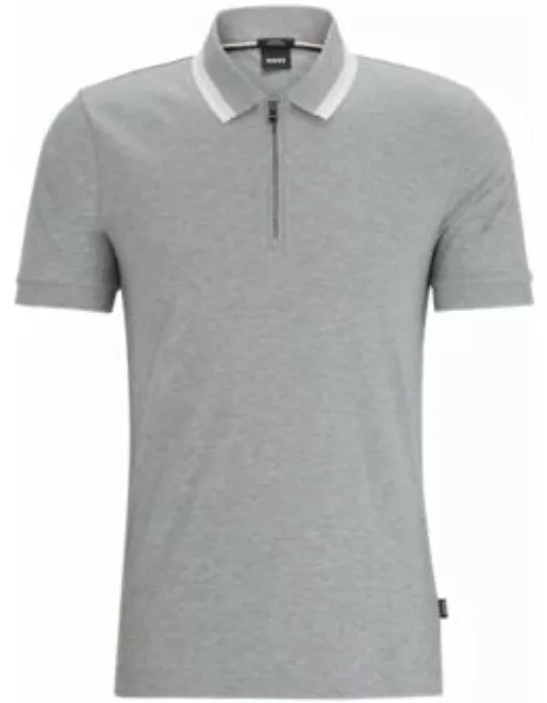 Slim-fit polo shirt in cotton with zipper neck- Silver Men's Polo Shirt