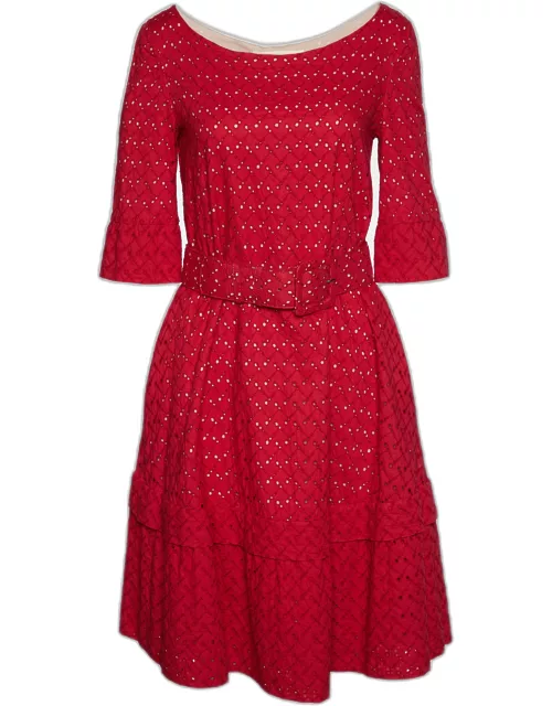 Marni Red Embroidered Cotton Belted Midi Dress