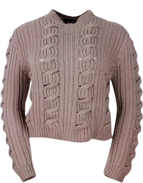 Lorena Antoniazzi Crewneck Sweater Made Of Soft Wool, Cashmere And Silk With Cable Knit