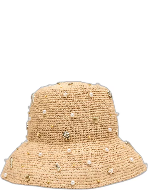 Sea Life Embellished Raffia Bucket Hat