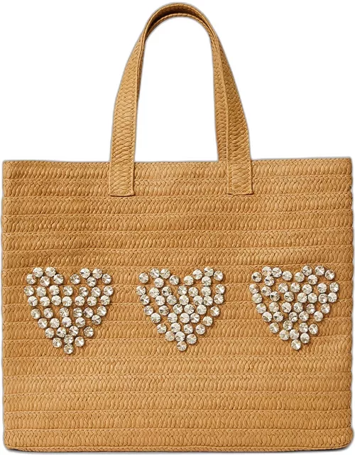 Crystal Heart Straw Tote Bag
