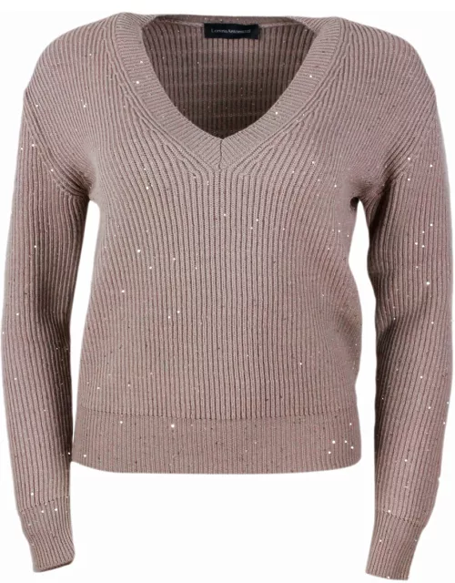Lorena Antoniazzi V-neck Sweater Made With English Rib Knit In Soft Wool Embellished With Micro Sequin
