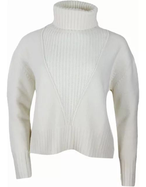 Lorena Antoniazzi Turtleneck Sweater Made Of Soft Wool, Cashmere And Silk With Three-dimensional Work On The Front