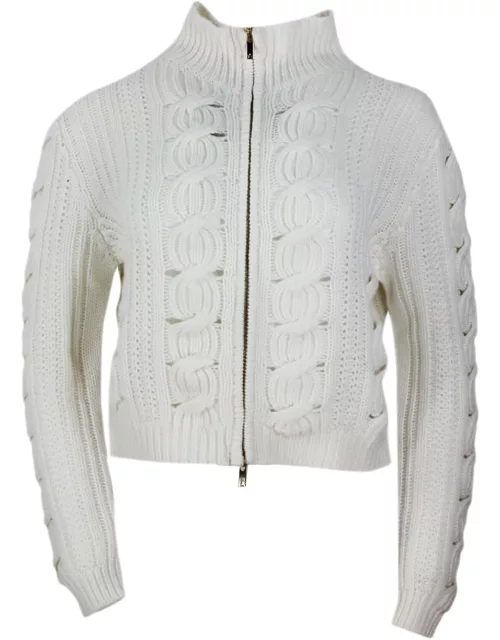 Lorena Antoniazzi Full Zip Turtleneck Sweater Made Of Soft Wool, Cashmere And Silk With Cable Knit