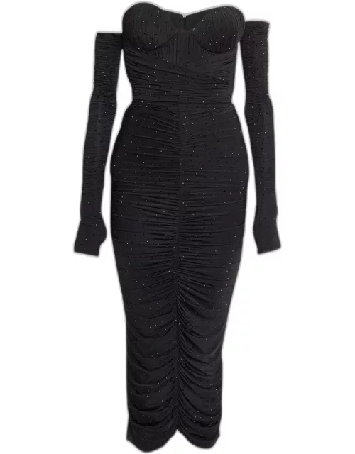 Crystal-Embellished Strapless Ruched Midi Dress with Glove