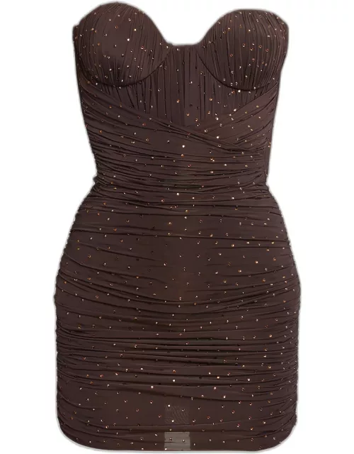 Crystal-Embellished Strapless Ruched Mini Dress with Glove