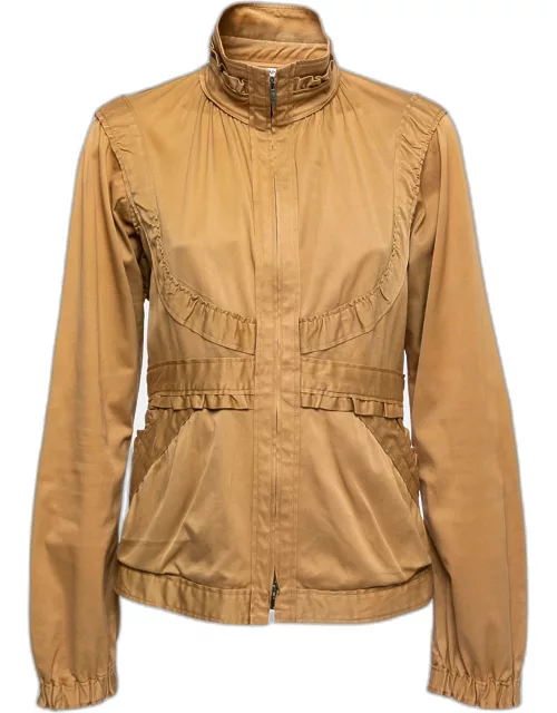 Yves Saint Laurent Tan Brown Cotton Twill Ruffled Zip-Up Jacket