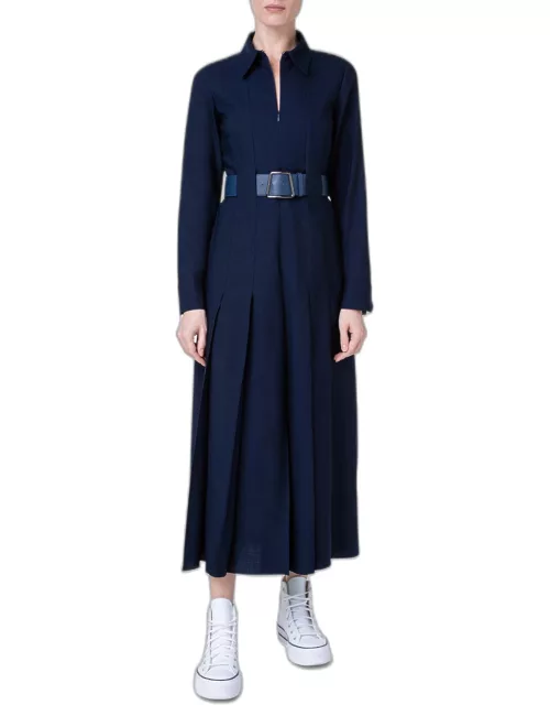 Wool Zip-Front Midi Dress with Leather Belt