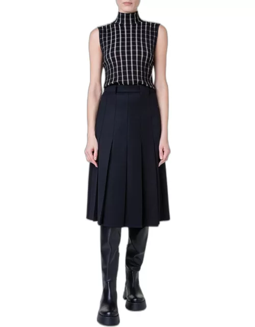 Fit-Flare Wool Pleated Skirt with Belt