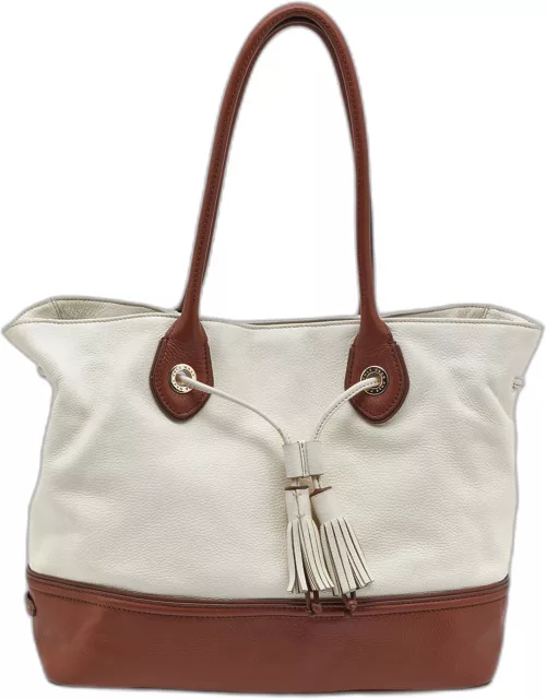 Cole Haan White/Brown Leather Reiley Tassel Tote