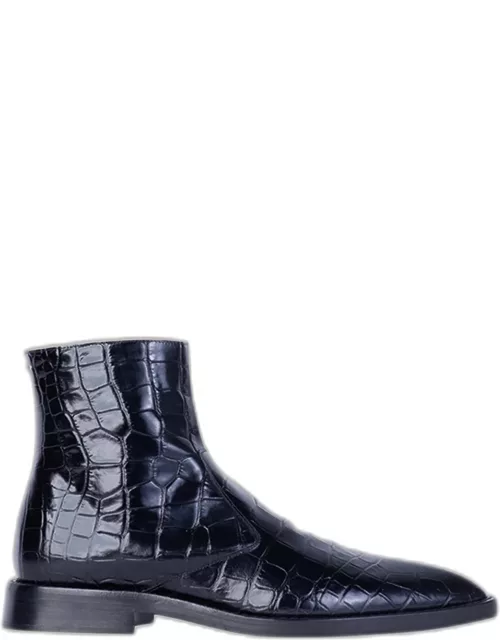 Croc-Embossed Leather Bootie