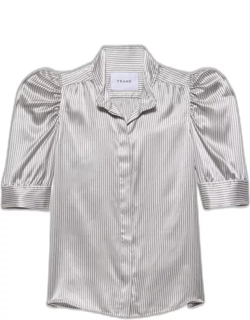 Gillian Stripe Silk Ruched-Sleeve Top