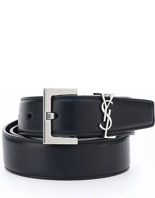 Saint Laurent Leather Belt With Silver Logo