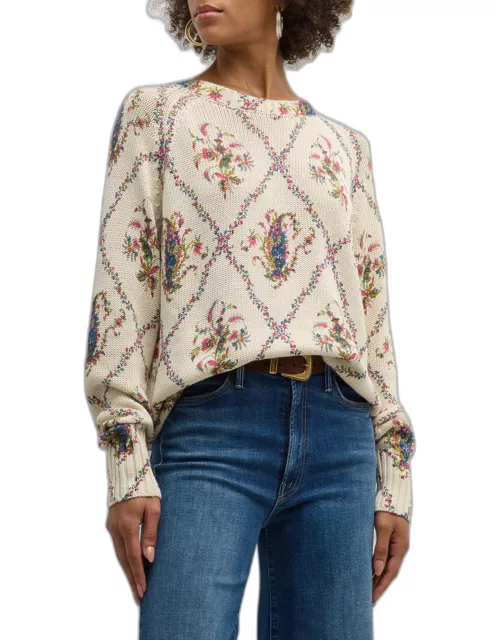 Floral Paisley Trellis-Print Crewneck Silk-Linen Sweater