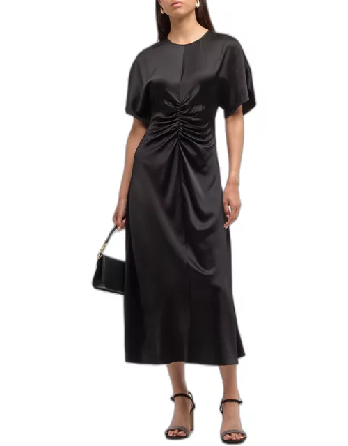 Ruched Wool-Satin A-Line Midi Dres