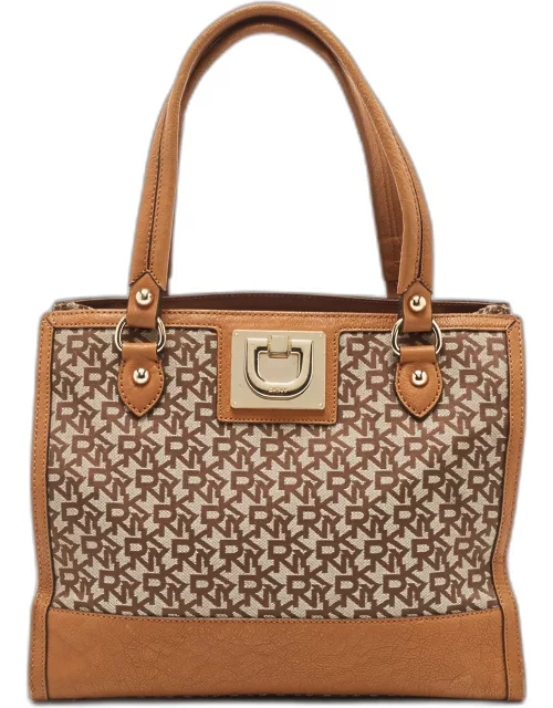 DKNY Brown/Beige Signature Canvas and Leather Tote