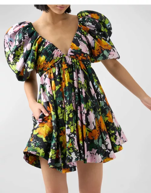 Gabrielle Plunge Puff-Sleeve Floral Linen-Blend Mini Dres