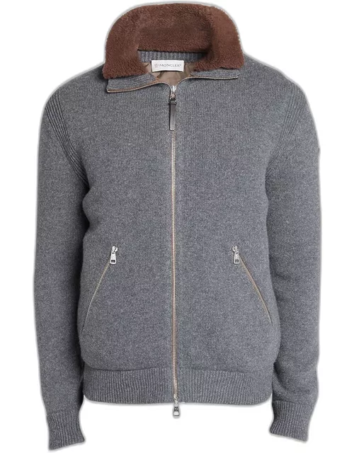Men's Cashmere Zip-Front Cardigan With Shearling Collar