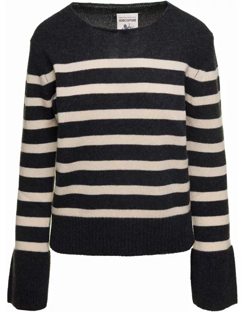 SEMICOUTURE Grey Striped Sweater With Wide Crewneck And Long Sleeves In Wool Woman