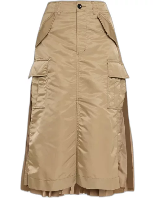 Nylon-Twill Pleated Cargo Midi Skirt