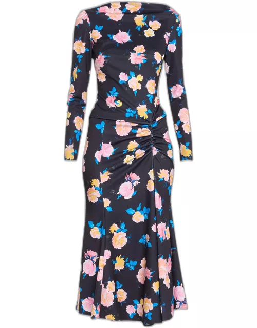 Floral-Print Long-Sleeve Midi Dress With Side Drape