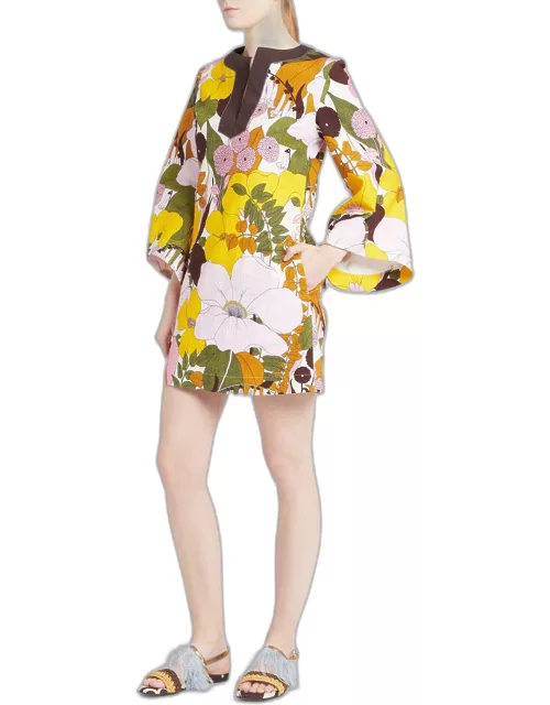 Floral-Print Long-Sleeve Mini Shift Dres