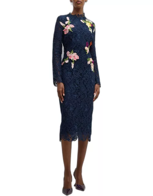 Floral-Embroidered Long-Sleeve Lace Midi Dres