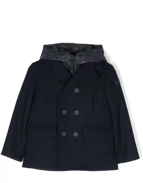 Il Gufo Navy Blue Double Breasted Coat With Padded Hood