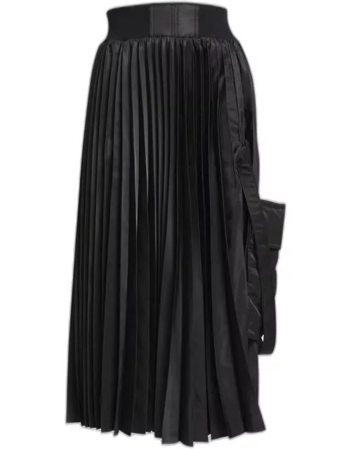 Pocket Strap Side-Slit Pleated Midi Skirt