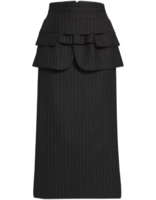 Ruffle Overlay Chalk Stripe Pencil Midi Skirt