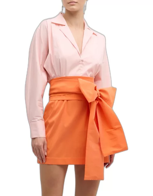 Claire Bi-Color Bow Long-Sleeve Mini Shirtdres
