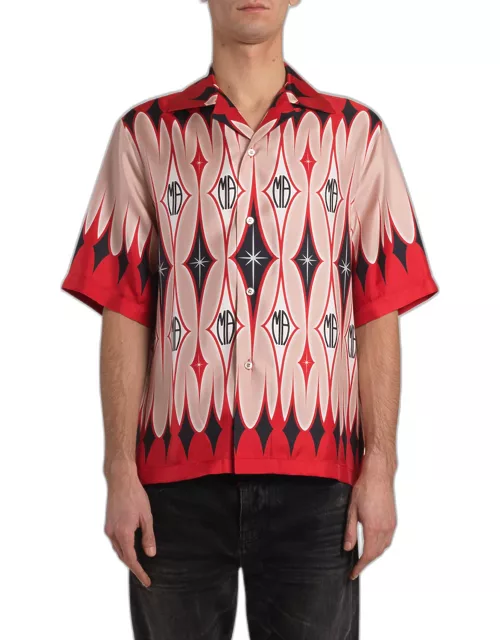 Men's Arygle Printed Short-Sleeve Silk Shirt