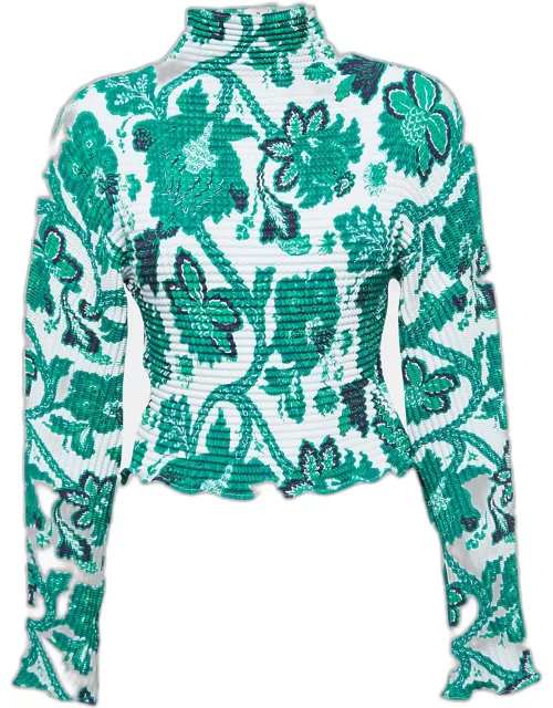 Etro Green Floral Print Stretch Synthetic Long Sleeve Turtle Neck Top