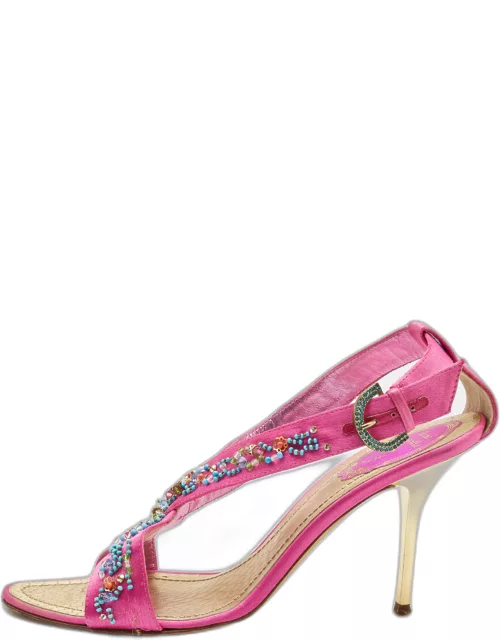 René Caovilla Pink Satin Embellished Criss Cross Ankle Strap Sandal