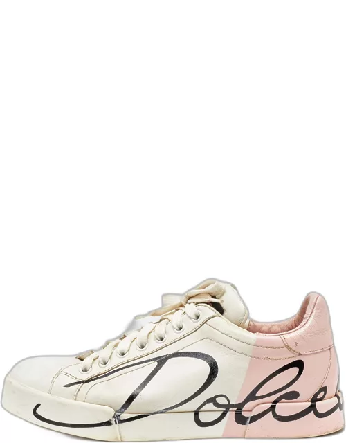 Dolce & Gabbana White/Pink Logo Print Leather Low Top Sneaker