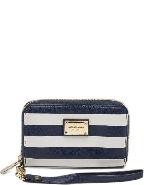 Michael Kors Blue/White Leather Striped Zip Around Wallet